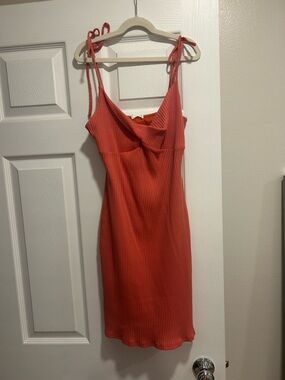 Tie-Shoulder Ribbed Midi Dress in Coral
